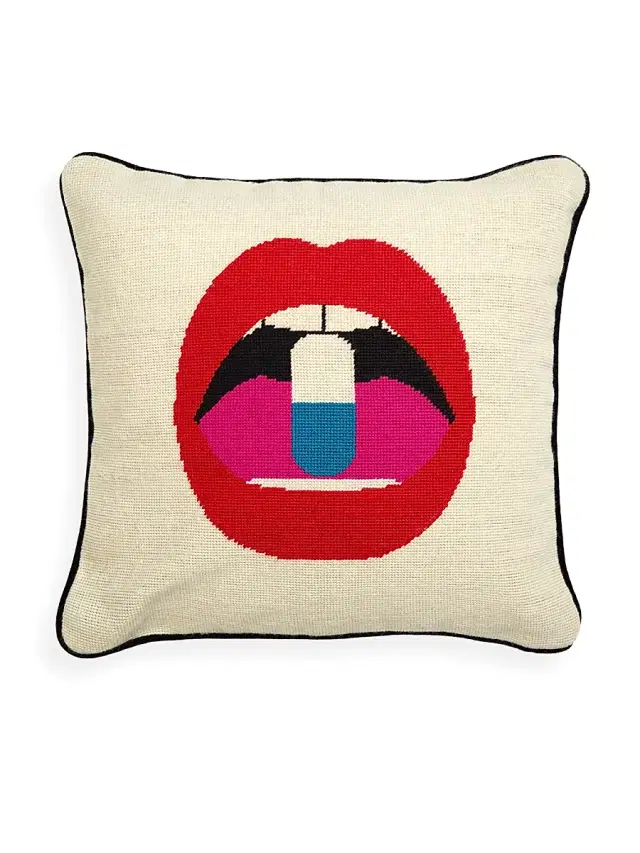 Jonathan Adler Full Dose Lips Needlepoint Throw Pillow - White