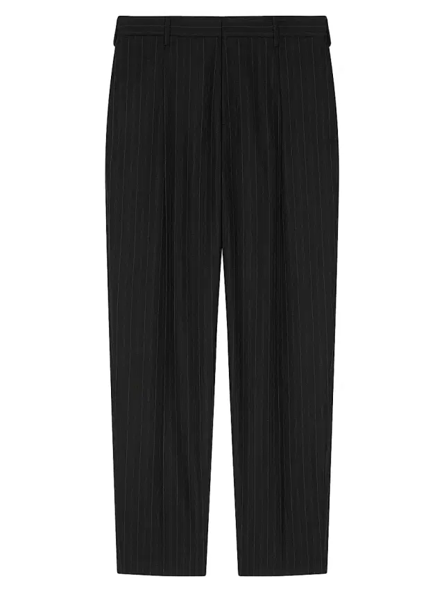Men's Pinstriped Relaxed Fit Trousers in Wool - Black