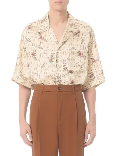 Valentino Garavani Men's Silk Bowling Shirt with Papier Floral Print | Thumbnail 2 Valentino Garavani Men's Silk Bowling Shirt with Papier Floral Print | Thumbnail 2