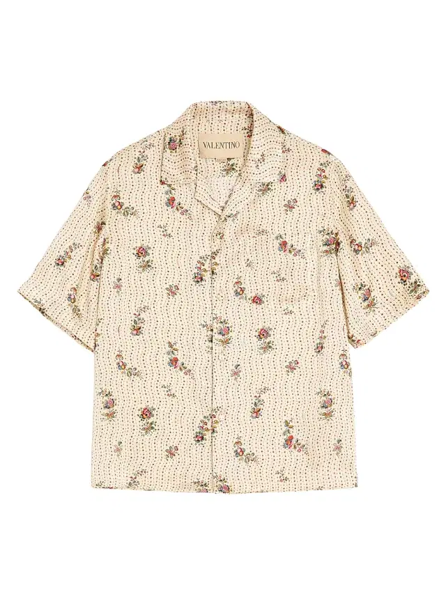 Men's Silk Bowling Shirt with Papier Floral Print - Butter