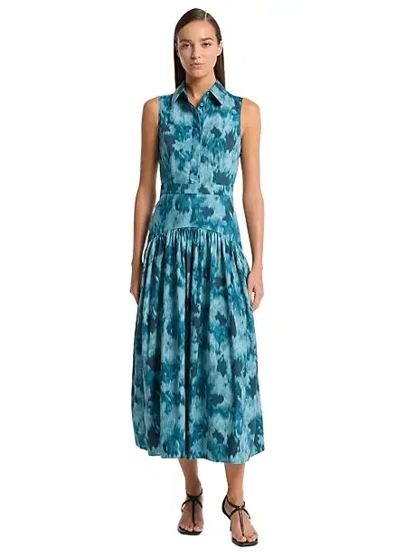 Michael Kors Collection Floral Chiné Cotton Poplin Drop Waist Shirtdress