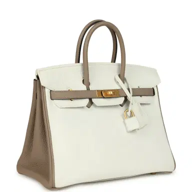 HERMÈS Hermes Special Order (HSS) Birkin 25 White and Etoupe Clemence Brushed Gold Hardware | Thumbnail 2