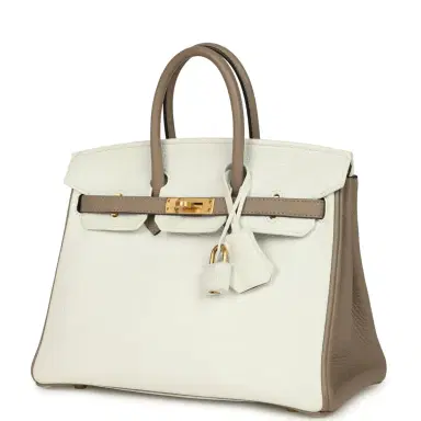 HERMÈS Hermes Special Order (HSS) Birkin 25 White and Etoupe Clemence Brushed Gold Hardware | Thumbnail 3