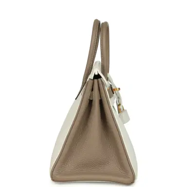 HERMÈS Hermes Special Order (HSS) Birkin 25 White and Etoupe Clemence Brushed Gold Hardware | Thumbnail 4