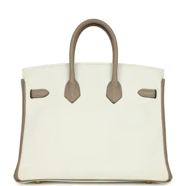 HERMÈS Hermes Special Order (HSS) Birkin 25 White and Etoupe Clemence Brushed Gold Hardware | Thumbnail 5