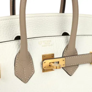 HERMÈS Hermes Special Order (HSS) Birkin 25 White and Etoupe Clemence Brushed Gold Hardware | Thumbnail 7