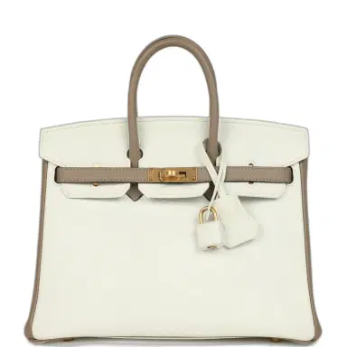 HERMÈS Hermes Special Order (HSS) Birkin 25 White and Etoupe Clemence Brushed Gold Hardware | Thumbnail 1