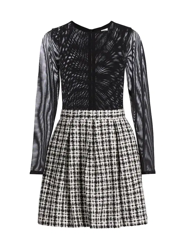 ALICE + OLIVIA Women's Chara Mesh Flared Tweed Minidress - Black Off White
