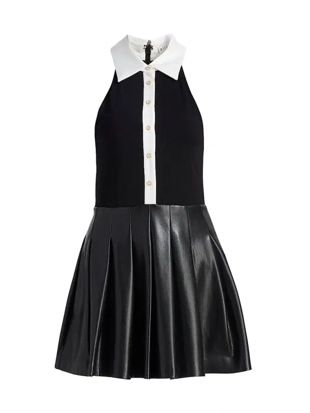 ALICE + OLIVIA Women's Tate Vegan Leather Sleeveless Polo Mini Shirtdress - Black Off White