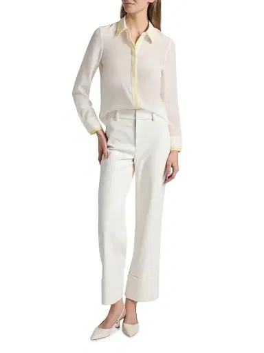 ALICE + OLIVIA Women's Willa Contrast-Trim Silk Shirt - Off White Butter | Thumbnail 2