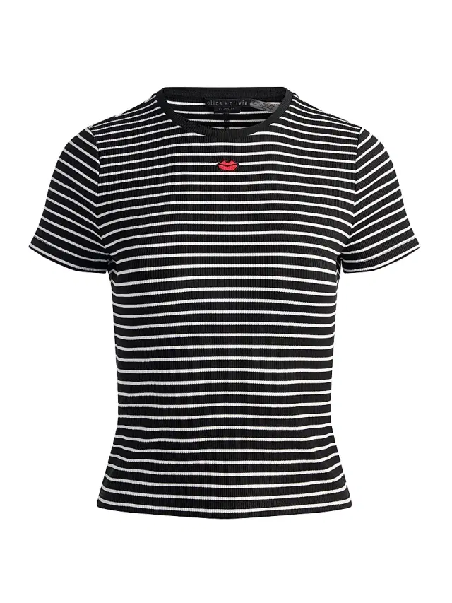 ALICE + OLIVIA Women's Cindy Striped Rib-Knit T-Shirt - Off White Black Stripe