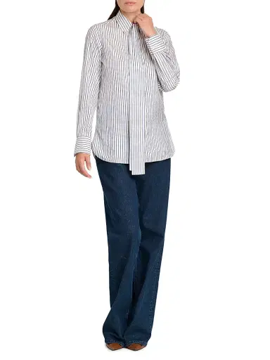 Kiton Women's Striped Silk Tieneck Blouse - White Blue - Size 8 | Thumbnail 2