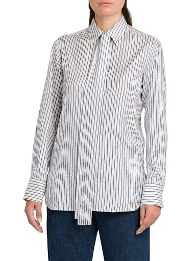 Kiton Women's Striped Silk Tieneck Blouse - White Blue - Size 8 | Thumbnail 3