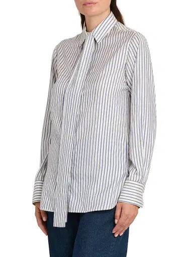 Kiton Women's Striped Silk Tieneck Blouse - White Blue - Size 8 | Thumbnail 4