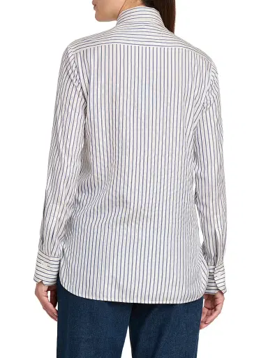 Kiton Women's Striped Silk Tieneck Blouse - White Blue - Size 8 | Thumbnail 5