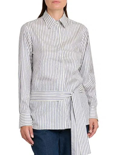 Kiton Women's Striped Silk Tieneck Blouse - White Blue - Size 8 | Thumbnail 6