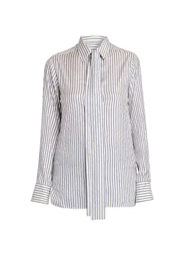 Kiton Women's Striped Silk Tieneck Blouse - White Blue - Size 8 | Thumbnail 1