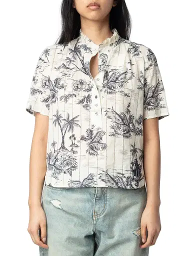 Zadig & Voltaire Women's Topher Tropical Island Short-Sleeve Shirt - Ecru - Size Large | Thumbnail 3