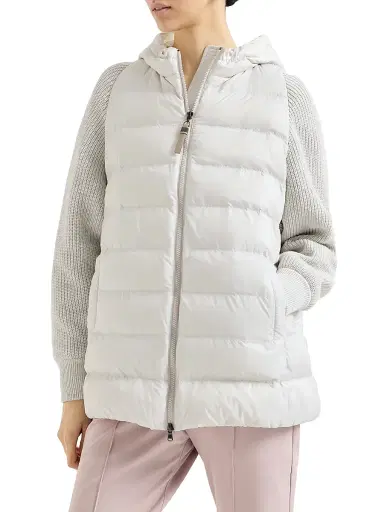 Brunello Cucinelli Women's Hooded Down Jacket with Virgin Wool Cashmere and Silk Knit Sleeves - Light Grey - Size 2 | Thumbnail 2 Brunello Cucinelli Women's Hooded Down Jacket with Virgin Wool Cashmere and Silk Knit Sleeves - Light Grey - Size 2 | Thumbnail 2