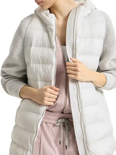 Brunello Cucinelli Women's Hooded Down Jacket with Virgin Wool Cashmere and Silk Knit Sleeves - Light Grey - Size 2 | Thumbnail 4 Brunello Cucinelli Women's Hooded Down Jacket with Virgin Wool Cashmere and Silk Knit Sleeves - Light Grey - Size 2 | Thumbnail 4