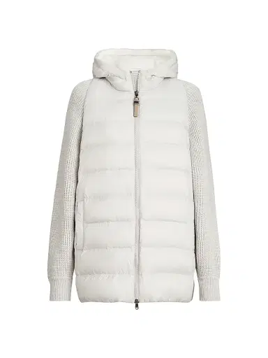 Brunello Cucinelli Women's Hooded Down Jacket with Virgin Wool Cashmere and Silk Knit Sleeves - Light Grey - Size 2 | Thumbnail 1 Brunello Cucinelli Women's Hooded Down Jacket with Virgin Wool Cashmere and Silk Knit Sleeves - Light Grey - Size 2 | Thumbnail 1