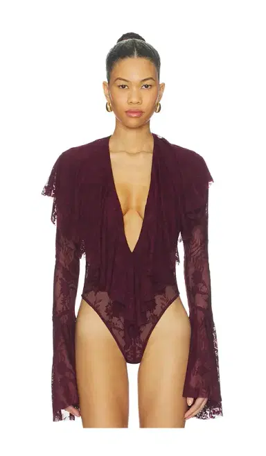 Norma Kamali Long Sleeve Deep V Ruffle Bodysuit | Thumbnail 2 Norma Kamali Long Sleeve Deep V Ruffle Bodysuit | Thumbnail 2