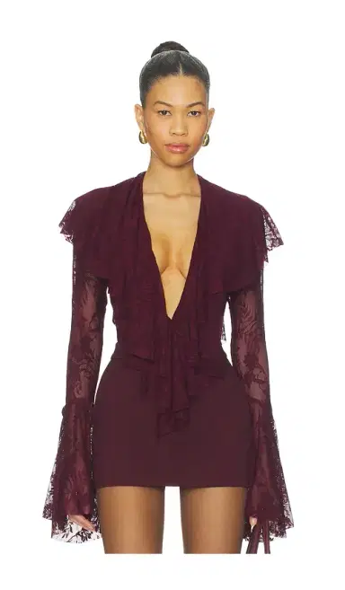 Norma Kamali Long Sleeve Deep V Ruffle Bodysuit | Thumbnail 1 Norma Kamali Long Sleeve Deep V Ruffle Bodysuit | Thumbnail 1