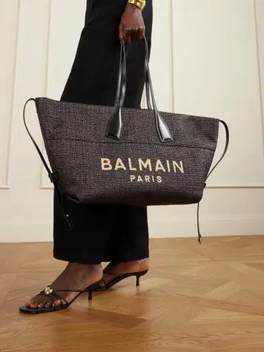 Balmain Track Leather-trimmed Raffia Tote | Thumbnail 2