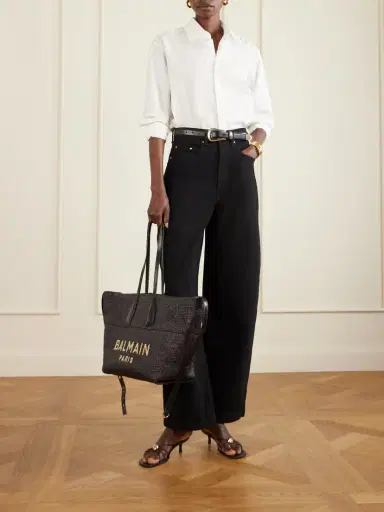 Balmain Track Leather-trimmed Raffia Tote | Thumbnail 3