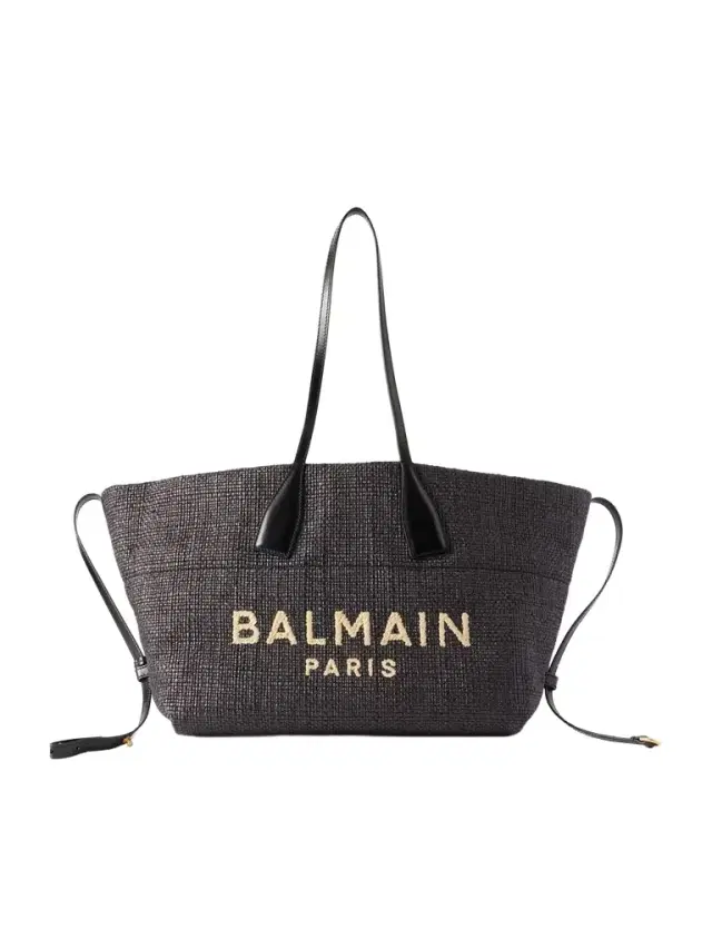 Balmain Track Leather-trimmed Raffia Tote