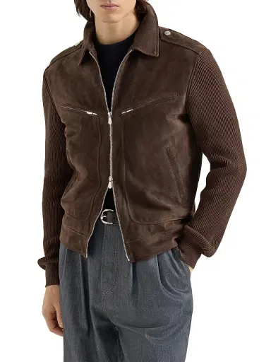 Brunello Cucinelli Men's Suede and Cotton Knit Outerwear Jacket - Espresso - Size XL | Thumbnail 2