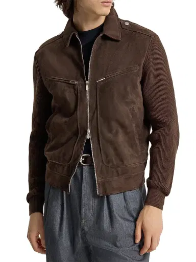Brunello Cucinelli Men's Suede and Cotton Knit Outerwear Jacket - Espresso - Size XL | Thumbnail 3