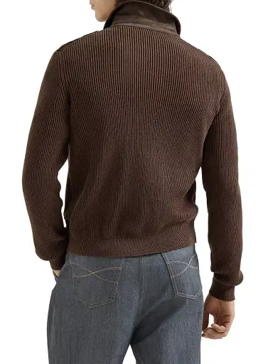Brunello Cucinelli Men's Suede and Cotton Knit Outerwear Jacket - Espresso - Size XL | Thumbnail 4