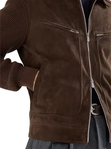 Brunello Cucinelli Men's Suede and Cotton Knit Outerwear Jacket - Espresso - Size XL | Thumbnail 5