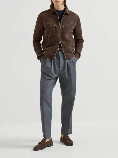 Brunello Cucinelli Men's Suede and Cotton Knit Outerwear Jacket - Espresso - Size XL | Thumbnail 6