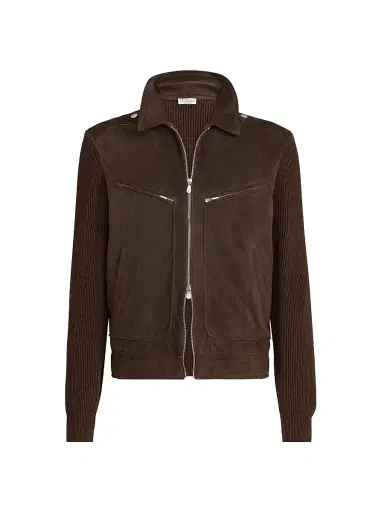 Brunello Cucinelli Men's Suede and Cotton Knit Outerwear Jacket - Espresso - Size XL | Thumbnail 1