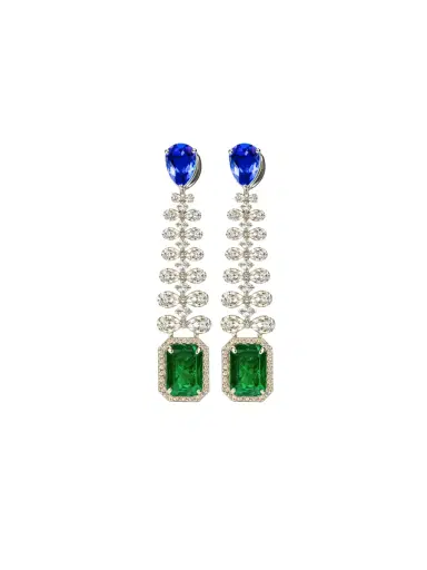 Wish Fine Jewelry 12.26ct Diamond Emerald Sapphire 18K Gold Dangle Drop Earring | Thumbnail 1