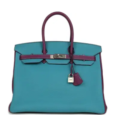 HERMÈS Pre-owned Hermes Special Order (HSS) Birkin 35 Bleu Izmir and Anemone Togo Brushed Palladium Hardware | Thumbnail 1 HERMÈS Pre-owned Hermes Special Order (HSS) Birkin 35 Bleu Izmir and Anemone Togo Brushed Palladium Hardware | Thumbnail 1