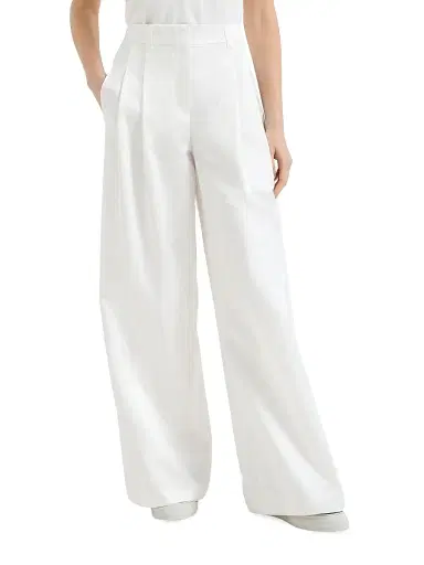 Brunello Cucinelli Women's Cotton and Silk Satin Loose Pleated Trousers with Monili - White - Size 10 | Thumbnail 2