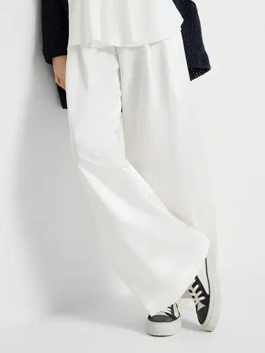 Brunello Cucinelli Women's Cotton and Silk Satin Loose Pleated Trousers with Monili - White - Size 10 | Thumbnail 5