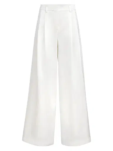 Brunello Cucinelli Women's Cotton and Silk Satin Loose Pleated Trousers with Monili - White - Size 10 | Thumbnail 1