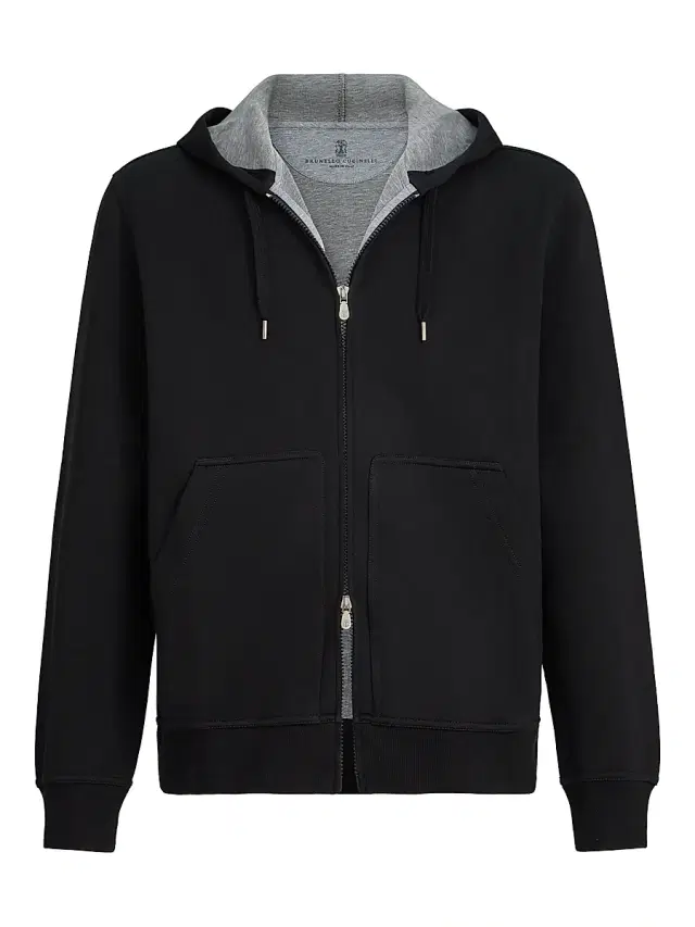 Men's Cotton, Cashmere and Silk French Terry Double Cloth Hooded Sweatshirt with Zipper - Black