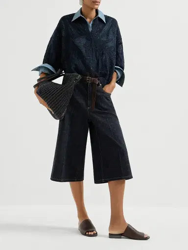 Brunello Cucinelli Women's No Fade Denim Long Bermuda Shorts with Monili - Denim - Size 2 | Thumbnail 6