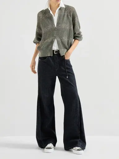Brunello Cucinelli Women's No Fade Denim Loose Flared Jeans with Monili - Denim | Thumbnail 6