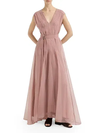 Brunello Cucinelli Women's Crispy Silk Belted Dress with Pleated Detail - Pink | Thumbnail 2