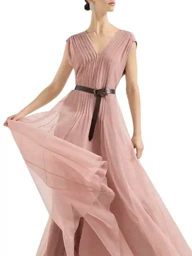 Brunello Cucinelli Women's Crispy Silk Belted Dress with Pleated Detail - Pink | Thumbnail 5