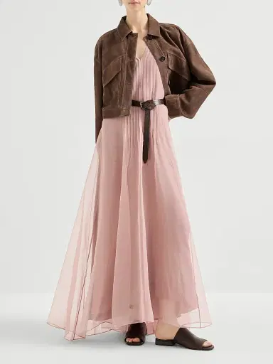 Brunello Cucinelli Women's Crispy Silk Belted Dress with Pleated Detail - Pink | Thumbnail 6