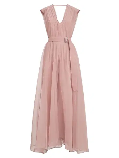 Brunello Cucinelli Women's Crispy Silk Belted Dress with Pleated Detail - Pink | Thumbnail 1