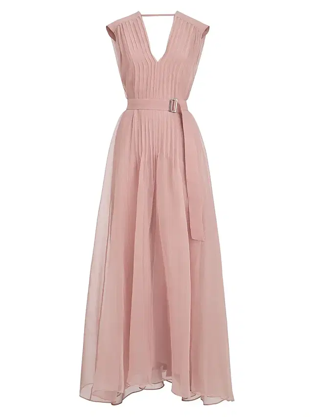 Women's Crispy Silk Belted Dress with Pleated Detail - Pink