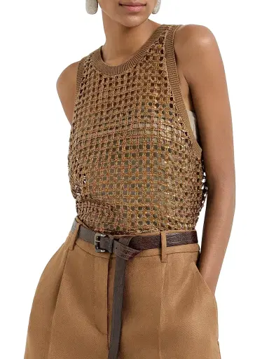 Brunello Cucinelli Women's Dazzling Net Embroidery Top in Silk and Linen - Brown | Thumbnail 2